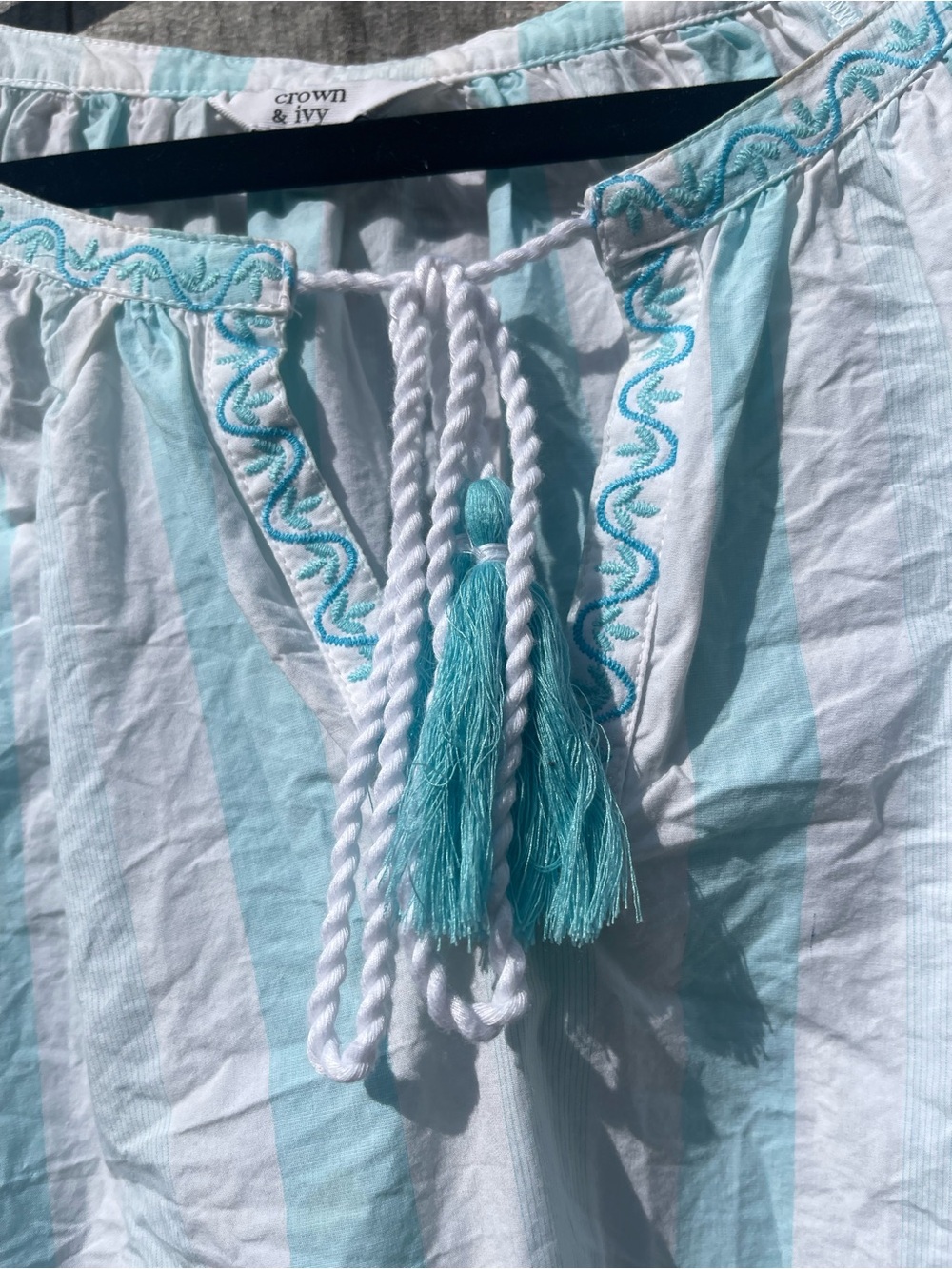 Light Blue Striped Peasant Blouse with Embroidered Sleeves Sz XXL - Picture 5 of 11